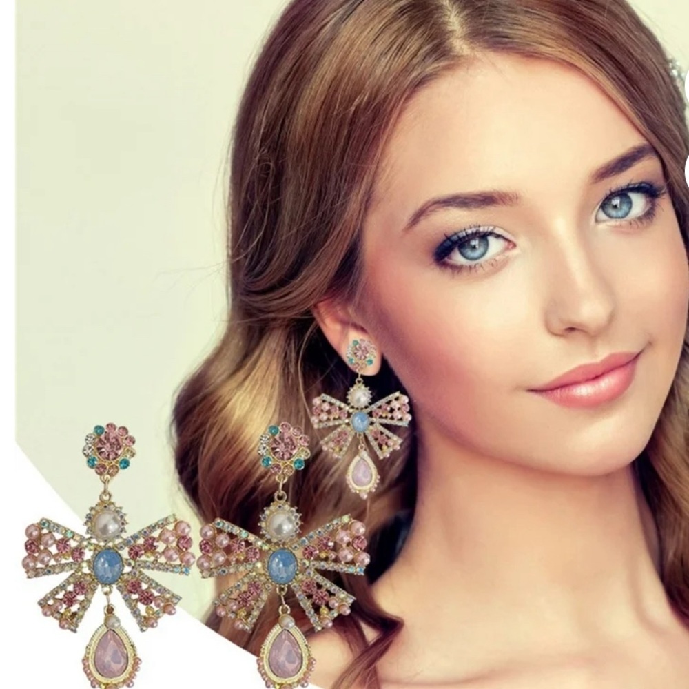 Coquette Bow Pink Crystal Drop Earrings